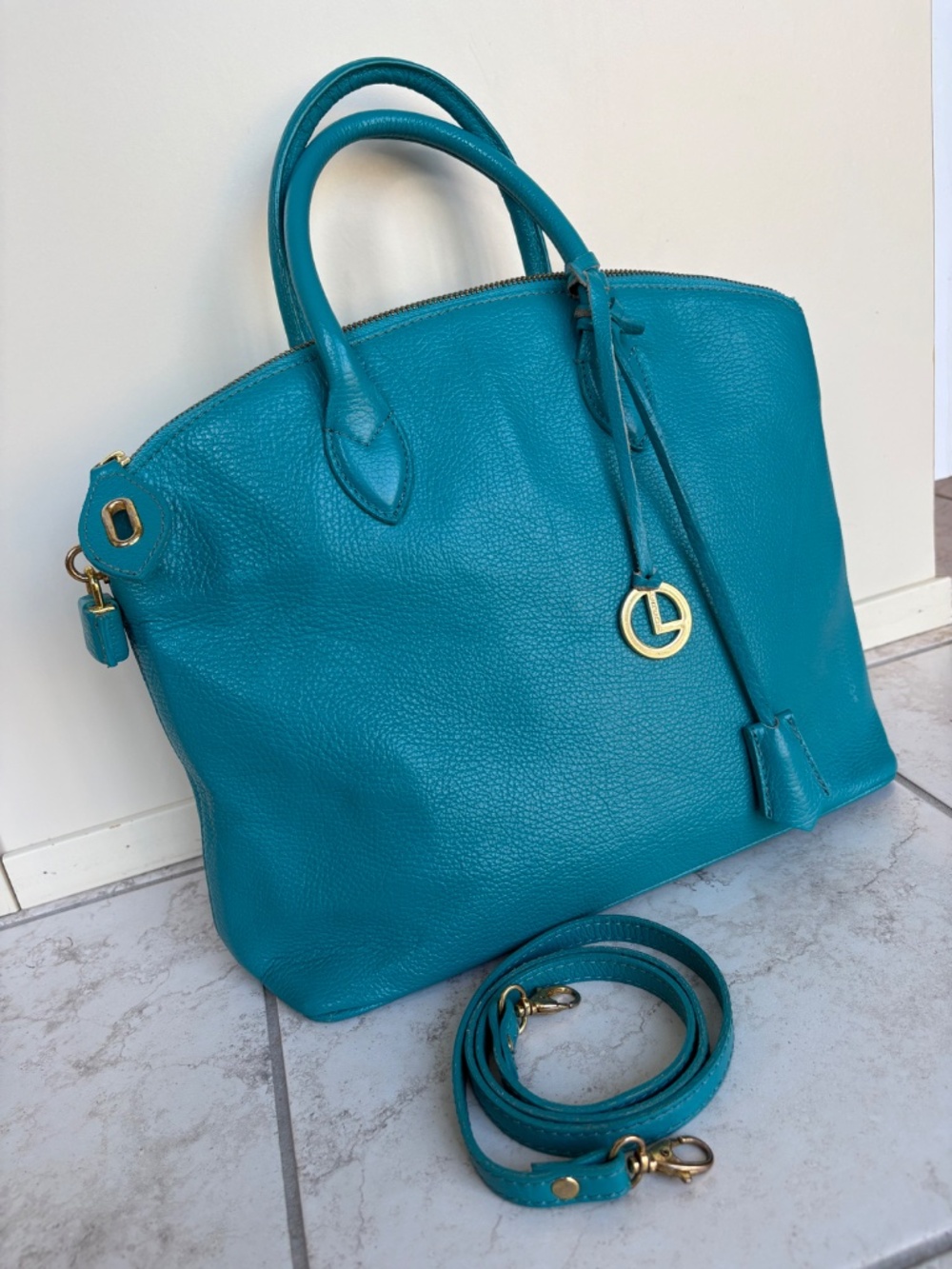 L. Credi Teal Leather Shoulder Bag, Hand Bag, Made in Italy - Picture 2 of 16